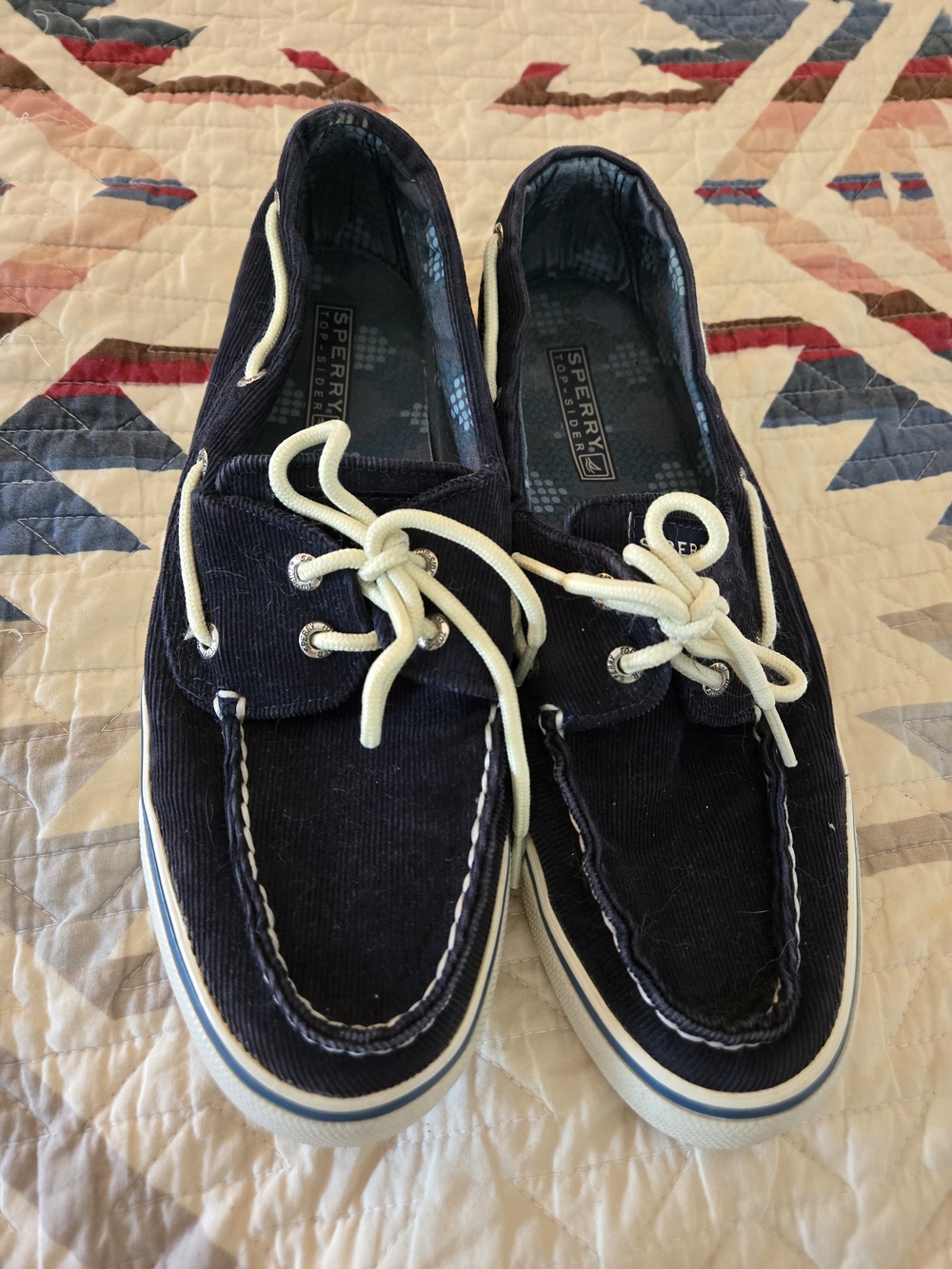 Sperry Navy Corduroy Boat Shoes  with Cream Laces Size 8